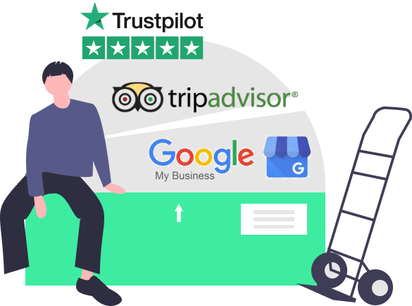Un homme assis sur une table en train de laisser des commentaires sur Google, Tripadvisor et TrustPilot