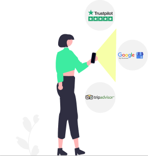 Une femme scanne des codes QR pour donner des avis Google, Trustpilot et Tripadvisor